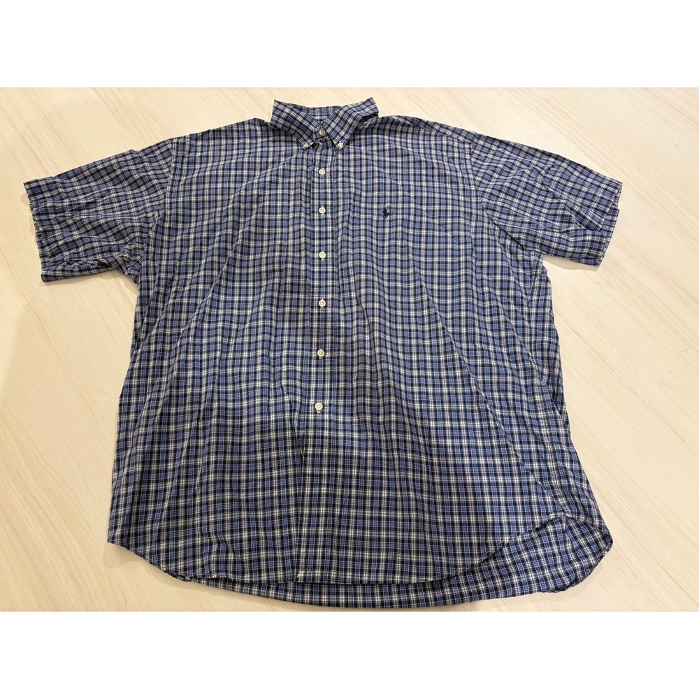 Ralph Lauren Blake Mens XL Blue Plaid Short Sleeve Button Down Shirt Cotton